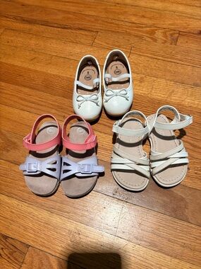 3 Pairs - Toddler White Mary Jane Dress Shoes, and 2 stripy slides Size 6